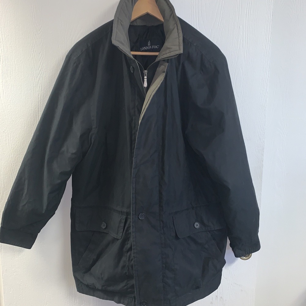 London Fog Black Mens Heavy Winter Coat/Jacket, 6 Pockets Size Large Hood  Liner